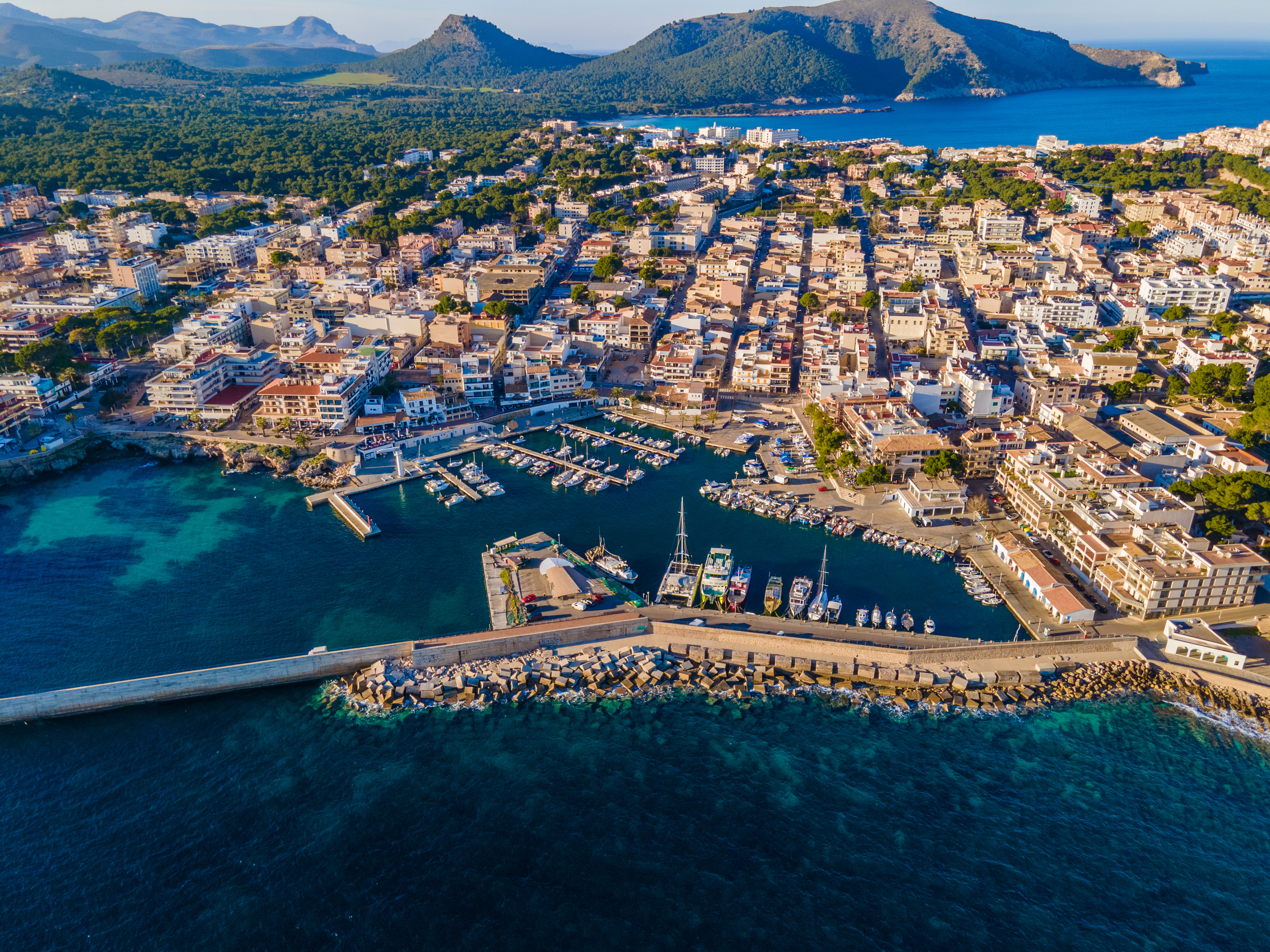 Aerial view at sunset on "Port de Cala Rajada"