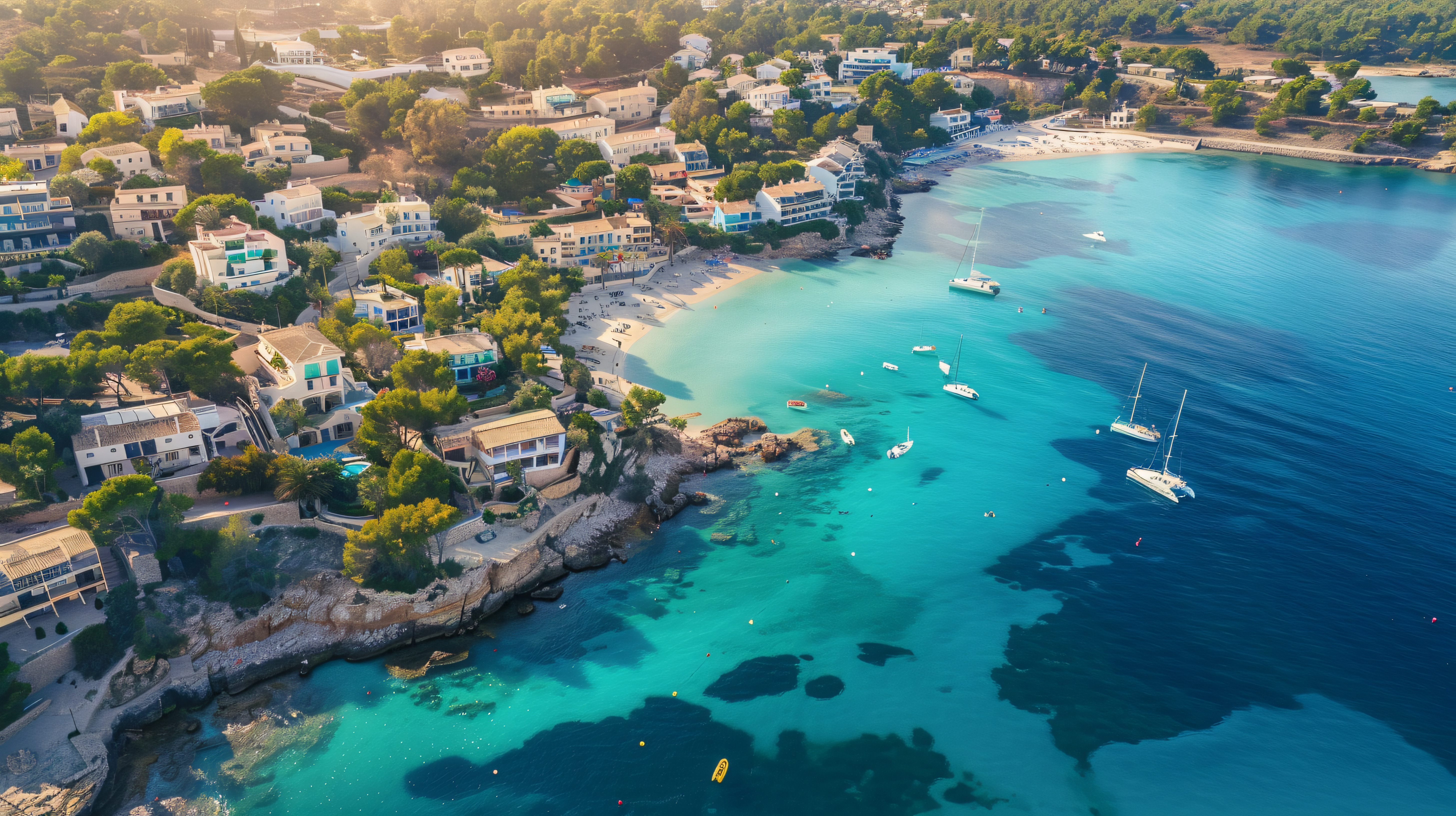 Pequenos barcos flutuam nas águas cristalinas da praia de Es Trenc. Ao fundo, pequenas casas brancas