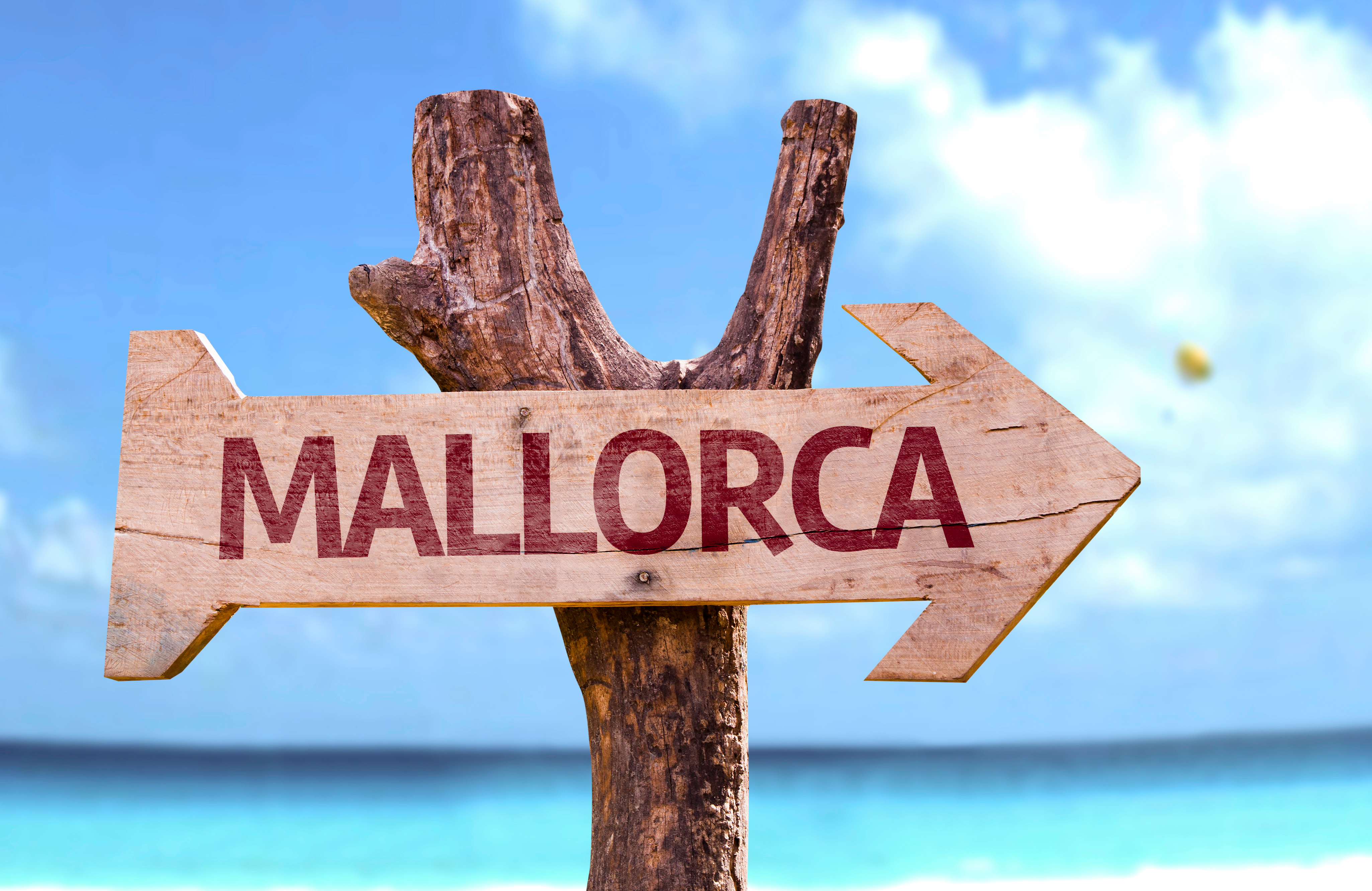 Roter Schriftzug: "Mallorca" auf einem Holzschild