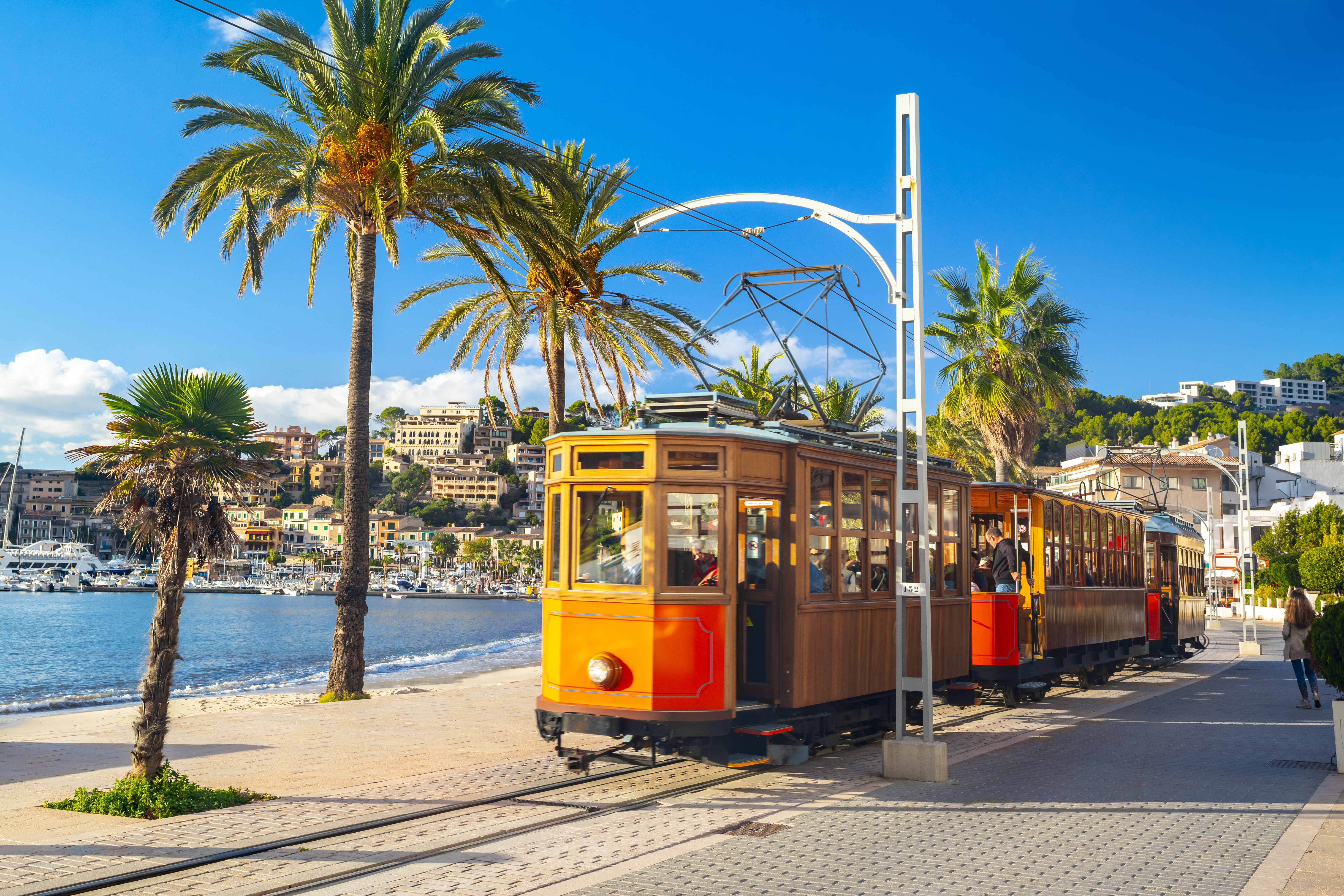 Classic tram and harbor in Mallorca