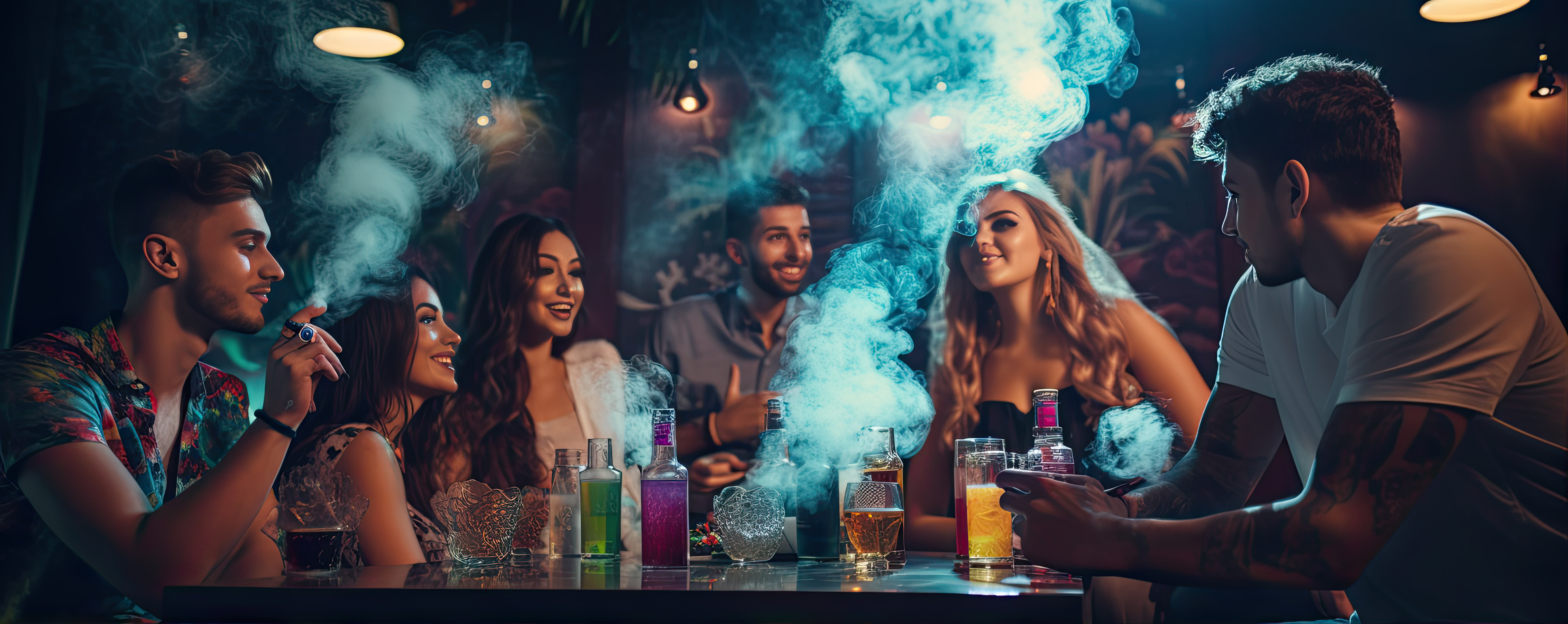 Young adults have fun with cannabis and alcohol in a social club