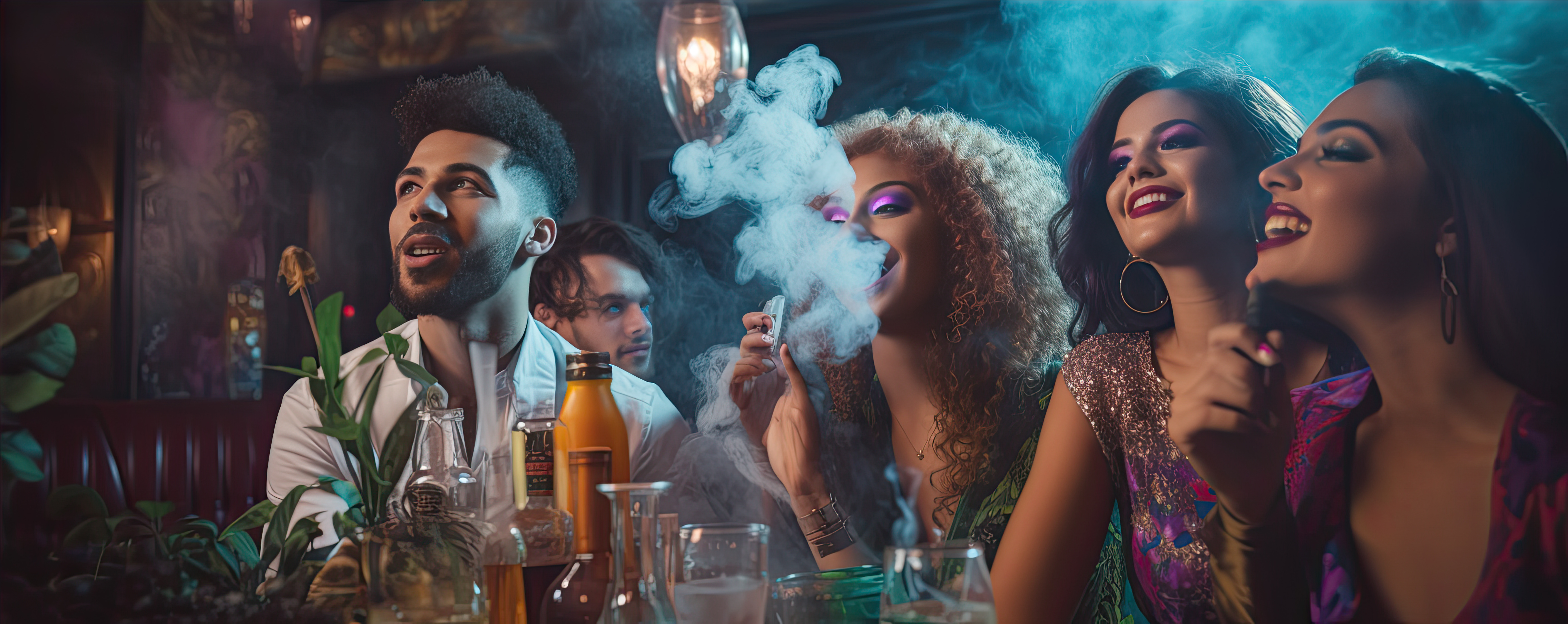 Drie vrouwen, een man met drankjes en cannabis in de Cannabis-Social-Club op Mallorca