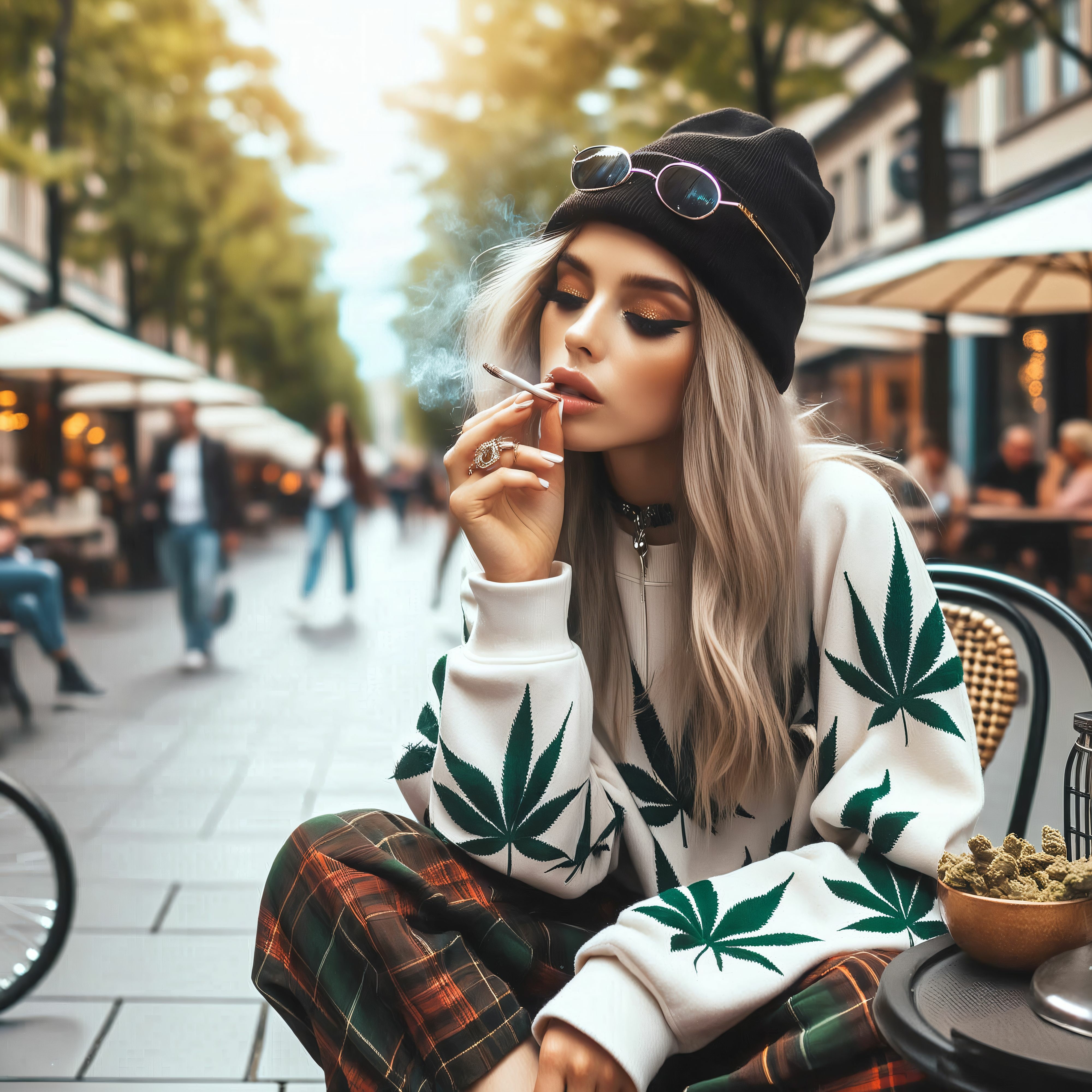 Jeune femme moderne qui a acheté du cannabis à Majorque et fume un joint