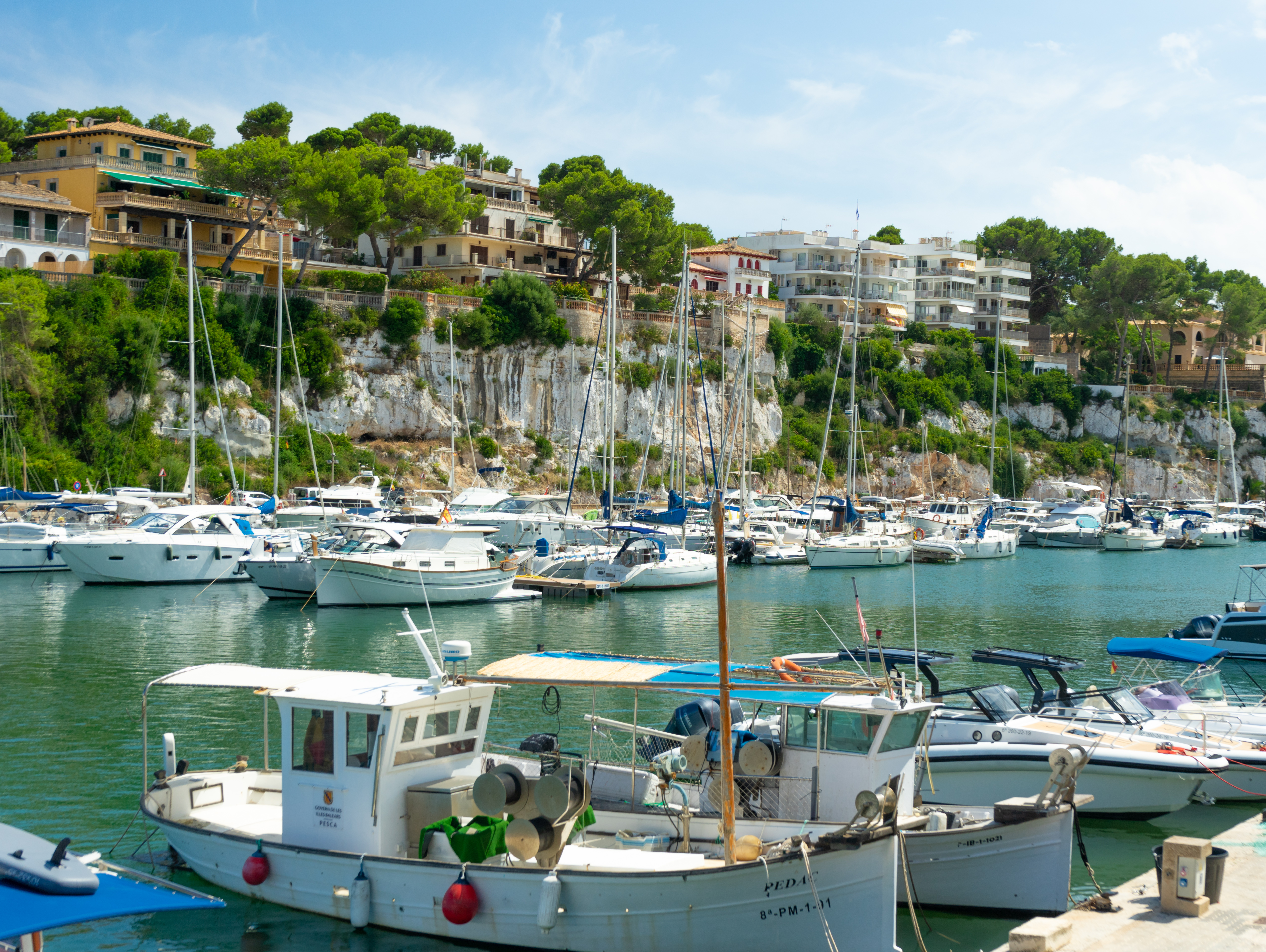 Barche da pesca nel porto di Porto Cristo. Sullo sfondo le case del centro storico