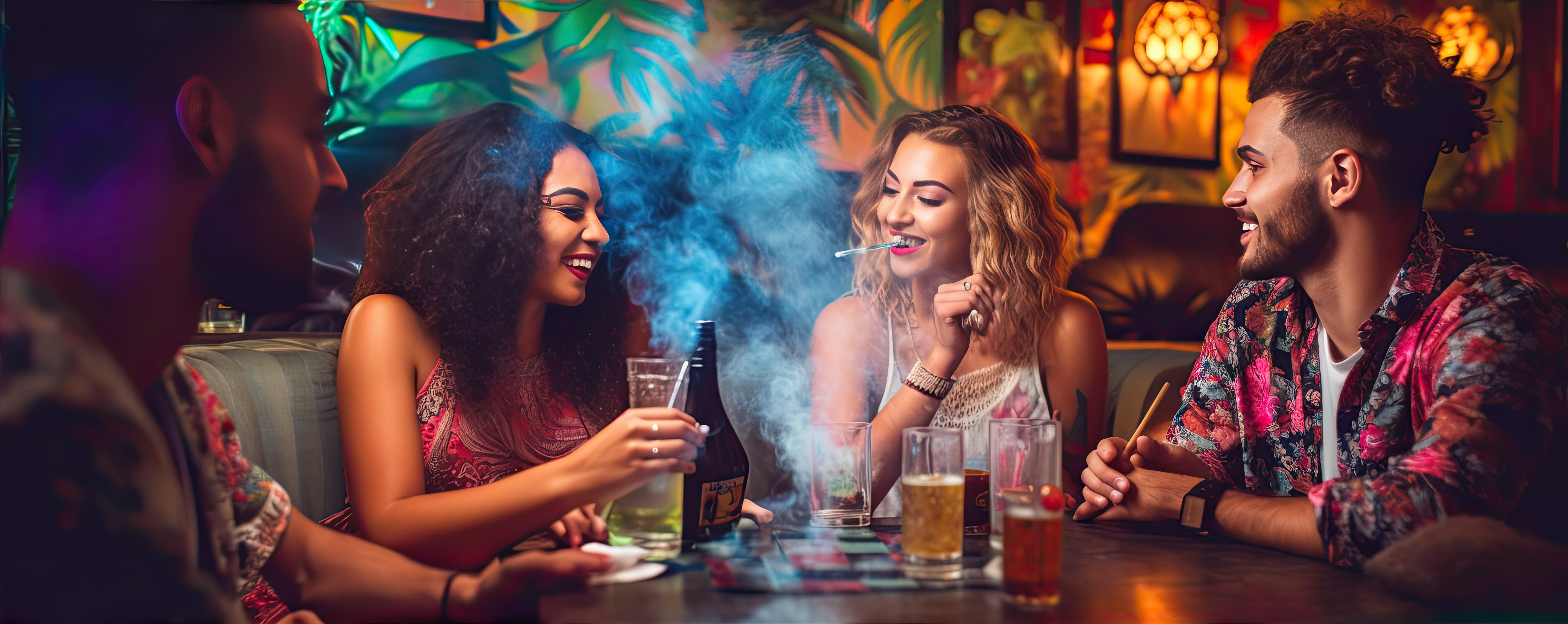 Jongvolwassenen die cannabis consumeren met een paar drankjes in een cannabis social club (CSC) in Canyamel