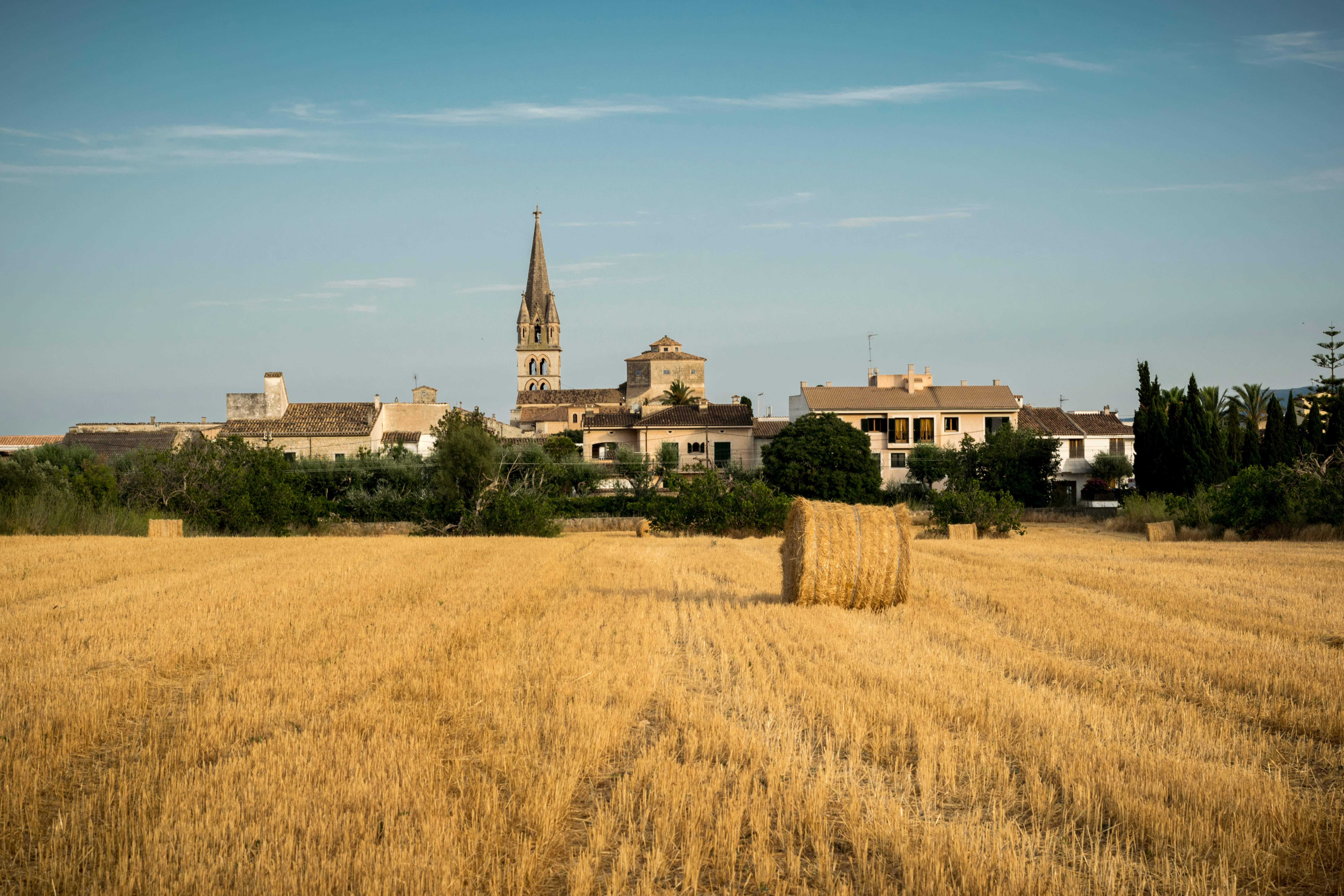 View over a field with hay bales towards the church of Binissalem