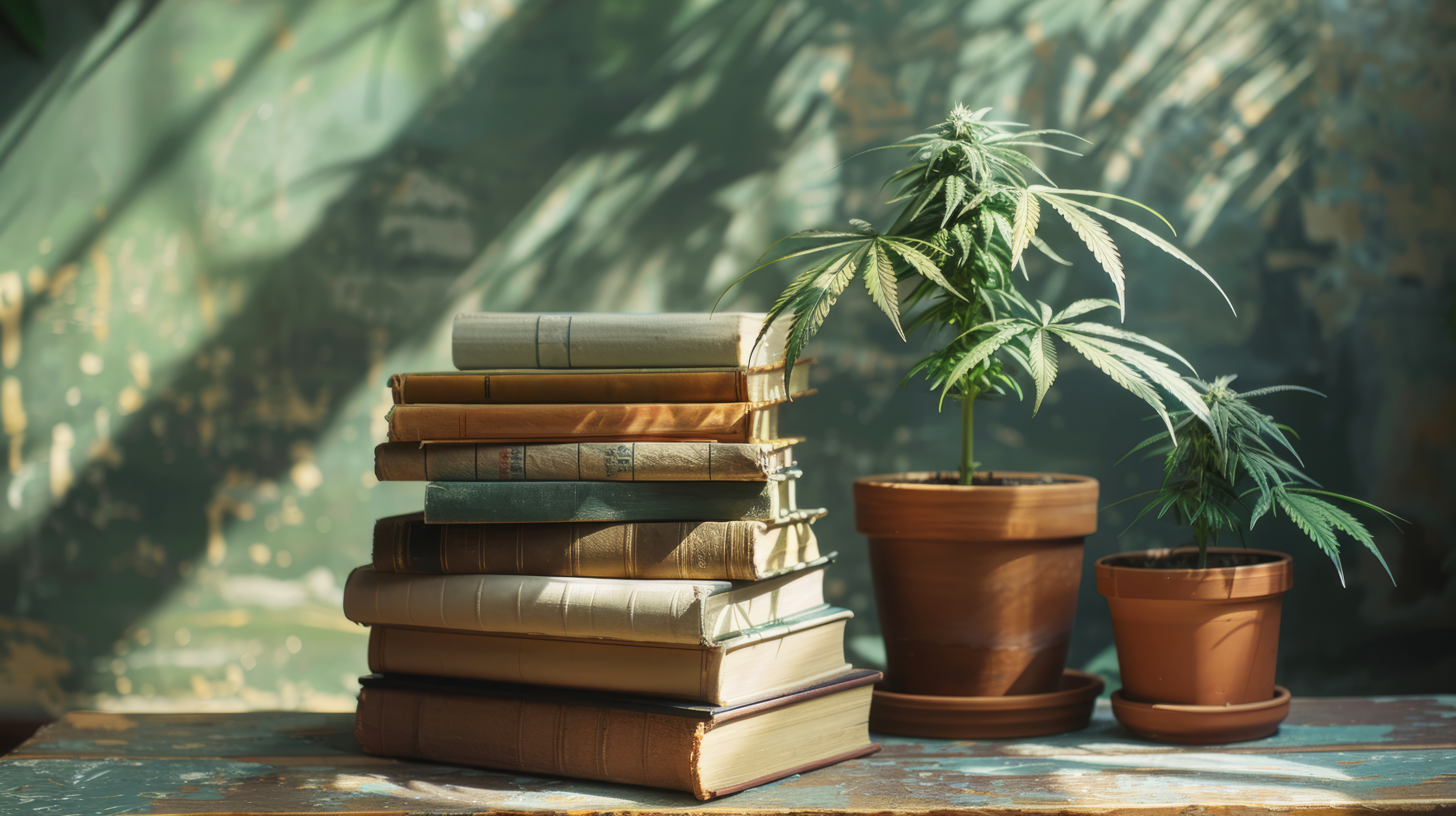 Cannabis-Geschichte - Alte Bücher neben zwei jungen Cannabispflanzen