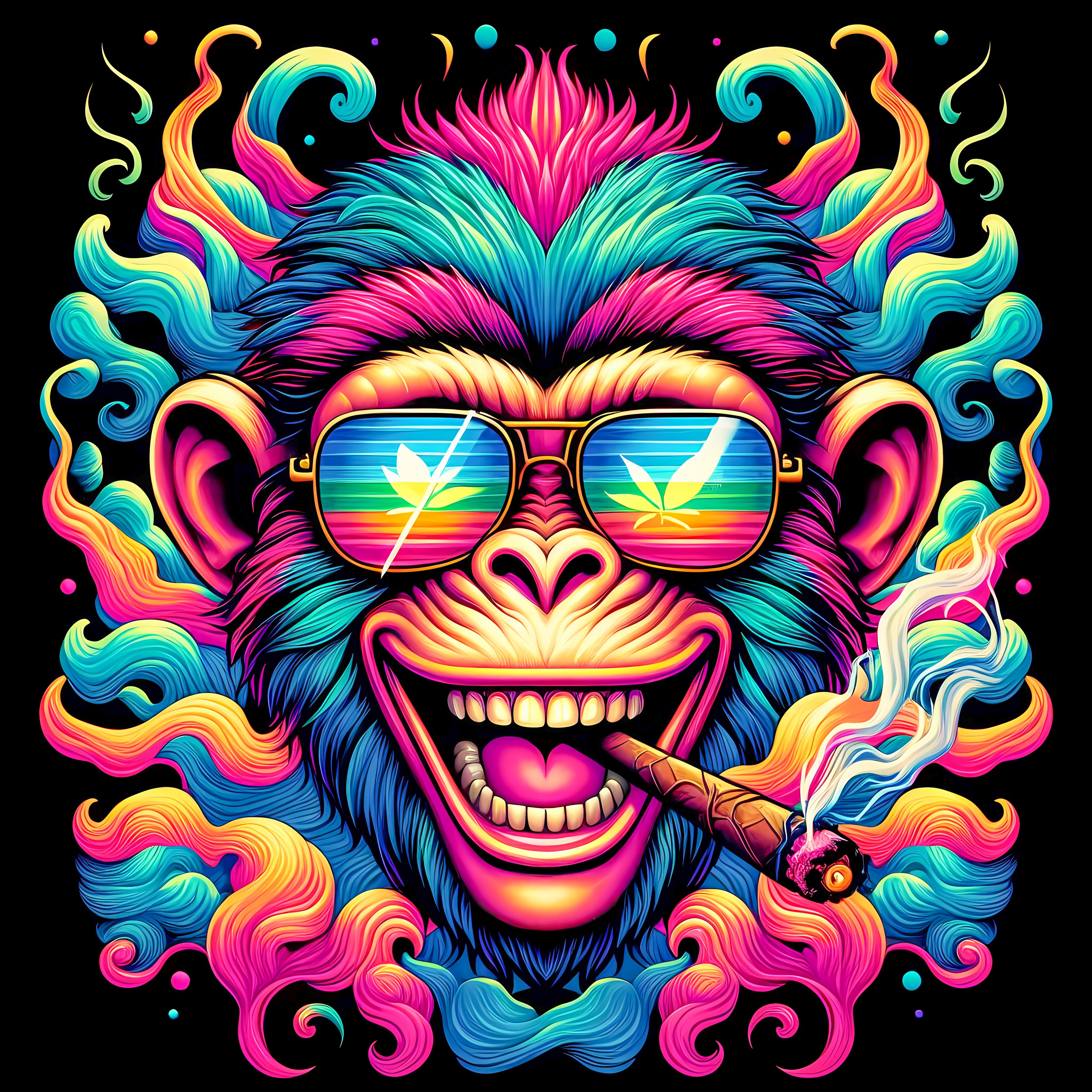 Cannabis Pop Culture - Colorful Artful Monkey Laughing with Joint