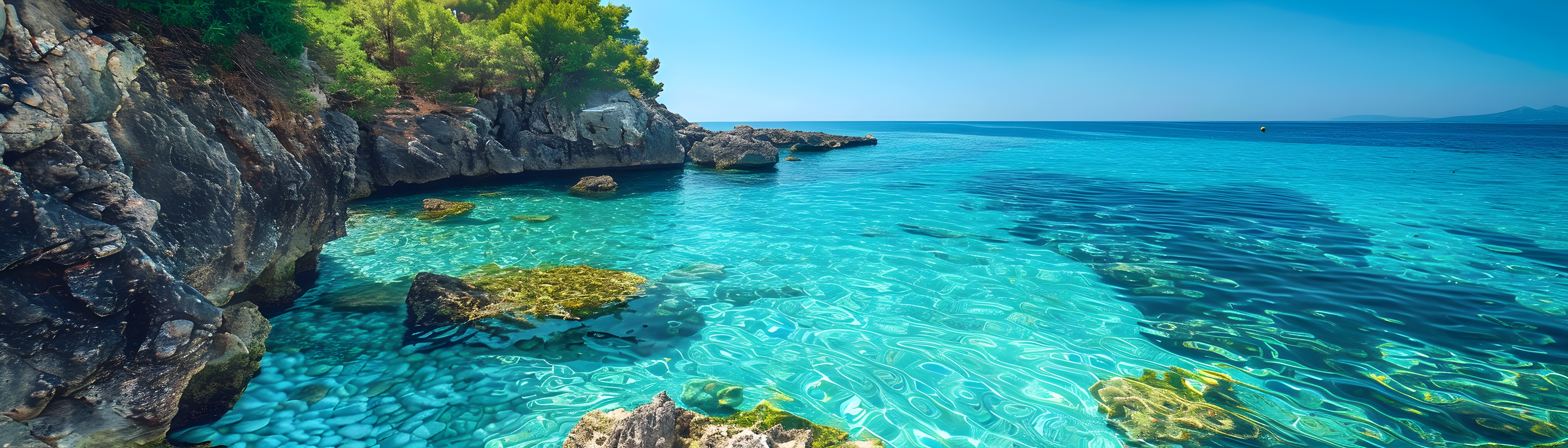 Os tons azuis do mar variam do azul marinho profundo ao turquesa brilhante, refletindo os diversos humores da água