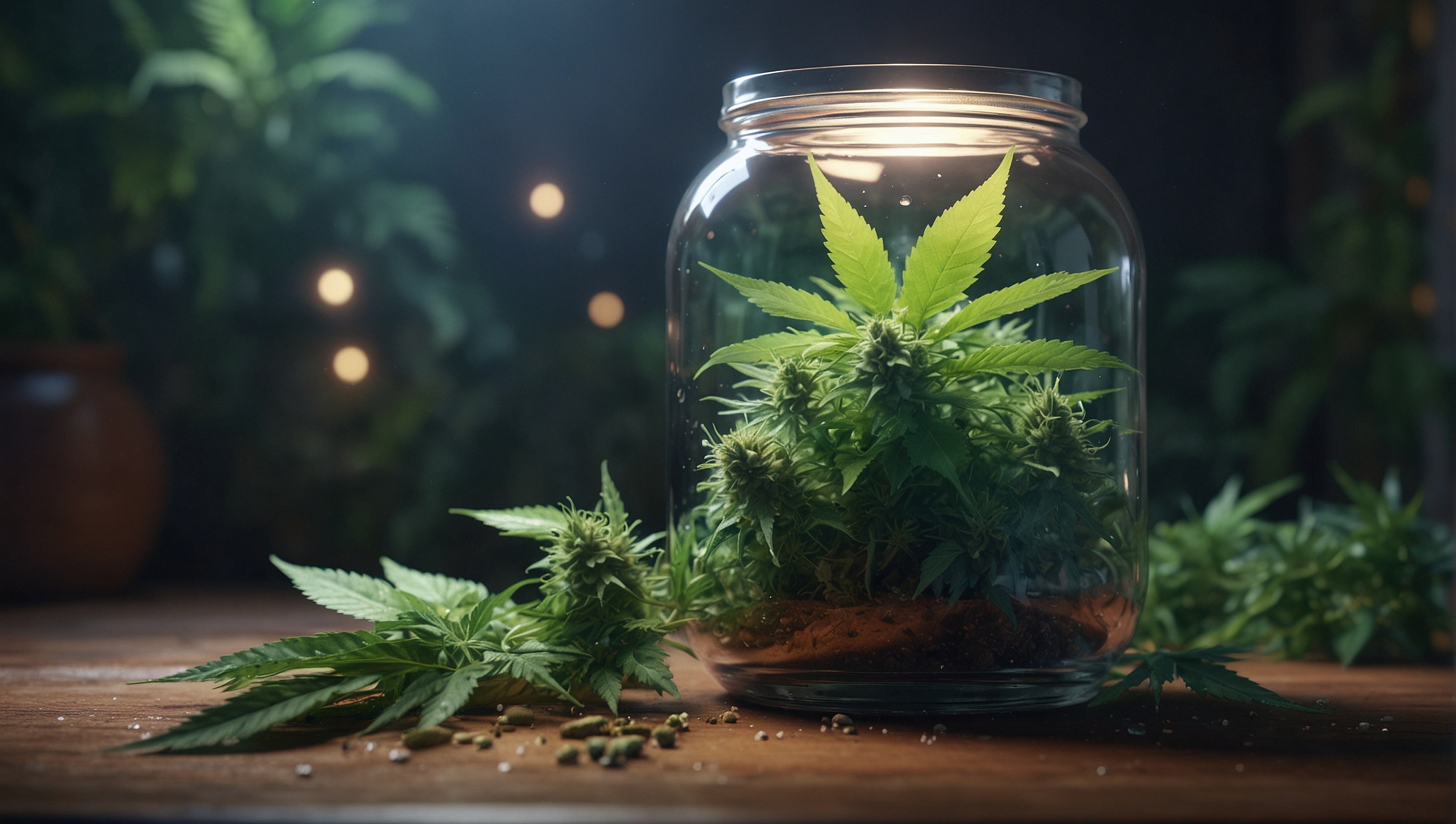 Cannabis en Alcudia sobre la mesa y en el vaso, iluminado por detrás con estilo