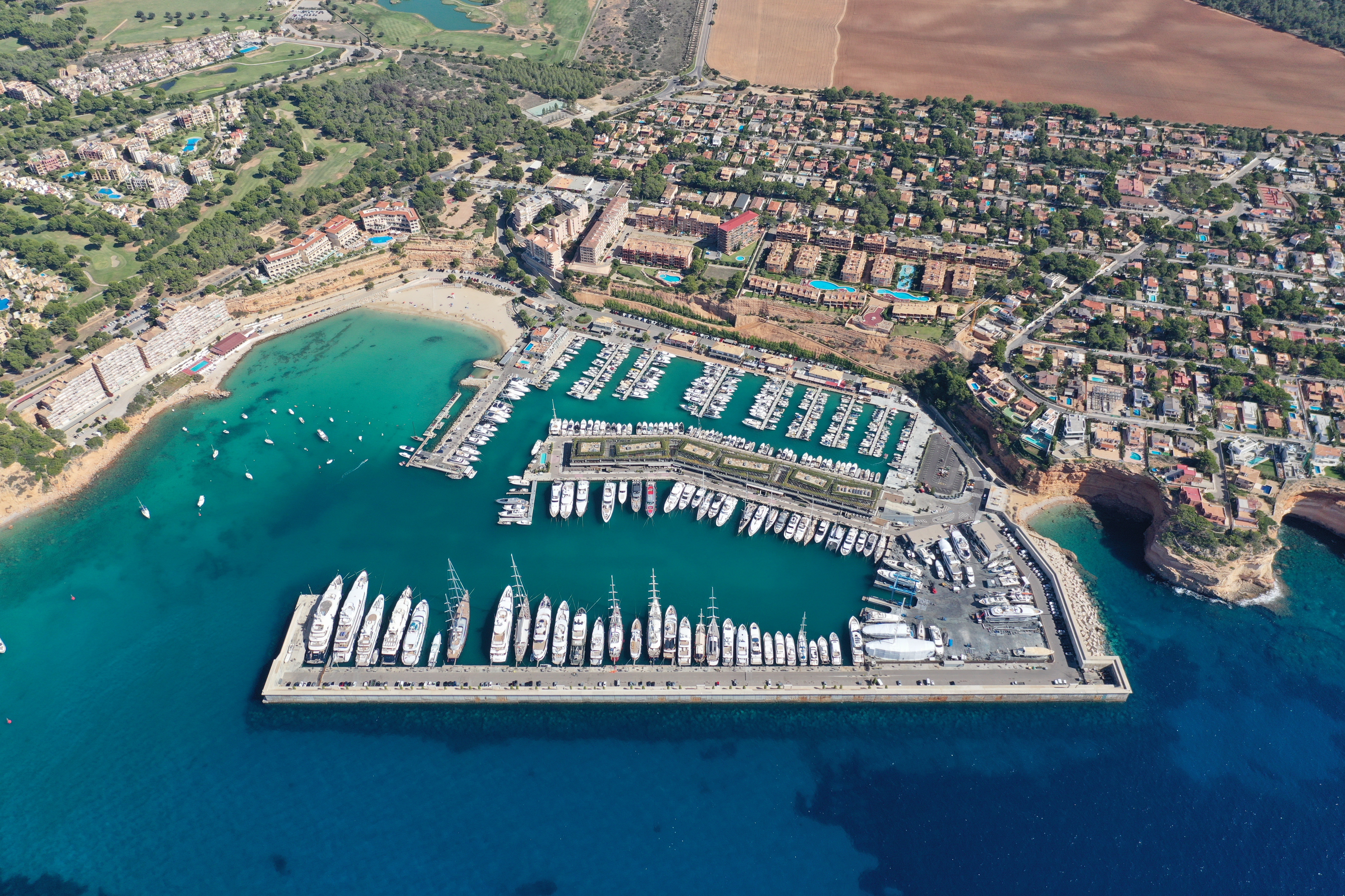 Aerial view of the luxurious Port Adriano marina