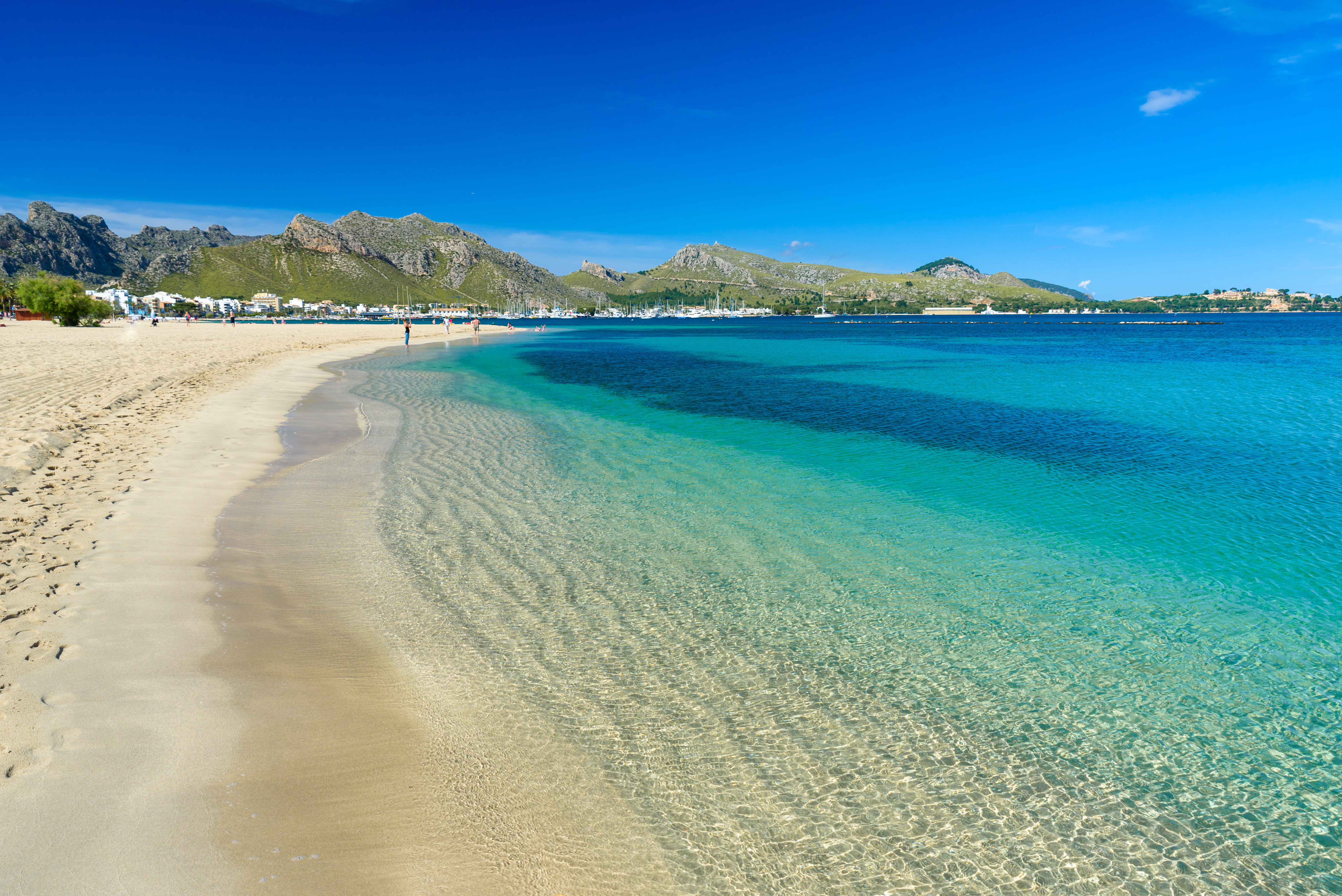 Flachabfallender Badestrand mit weißem Sand in Pollenca