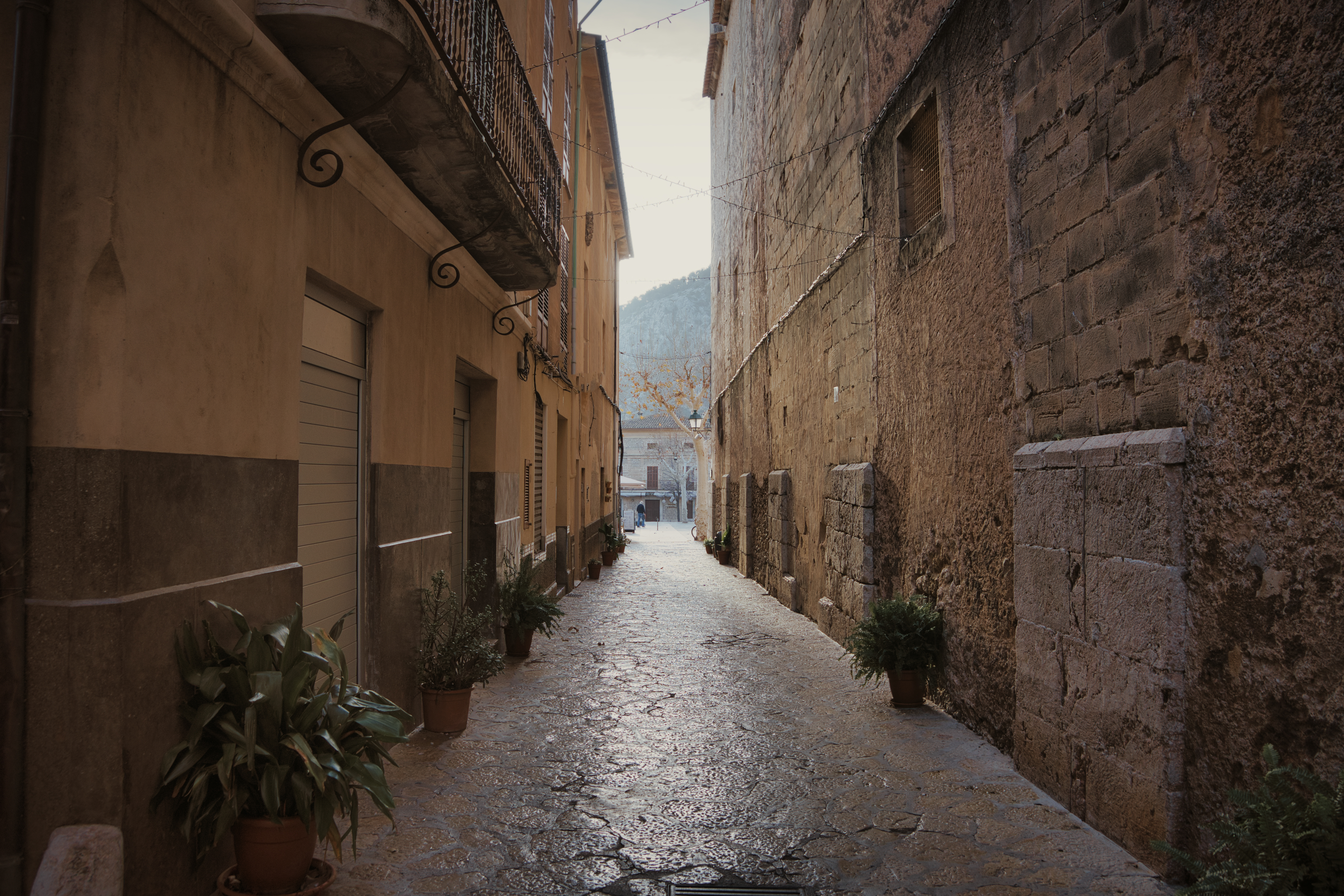 Callejón estrecho con camino de adoquines en Pollença