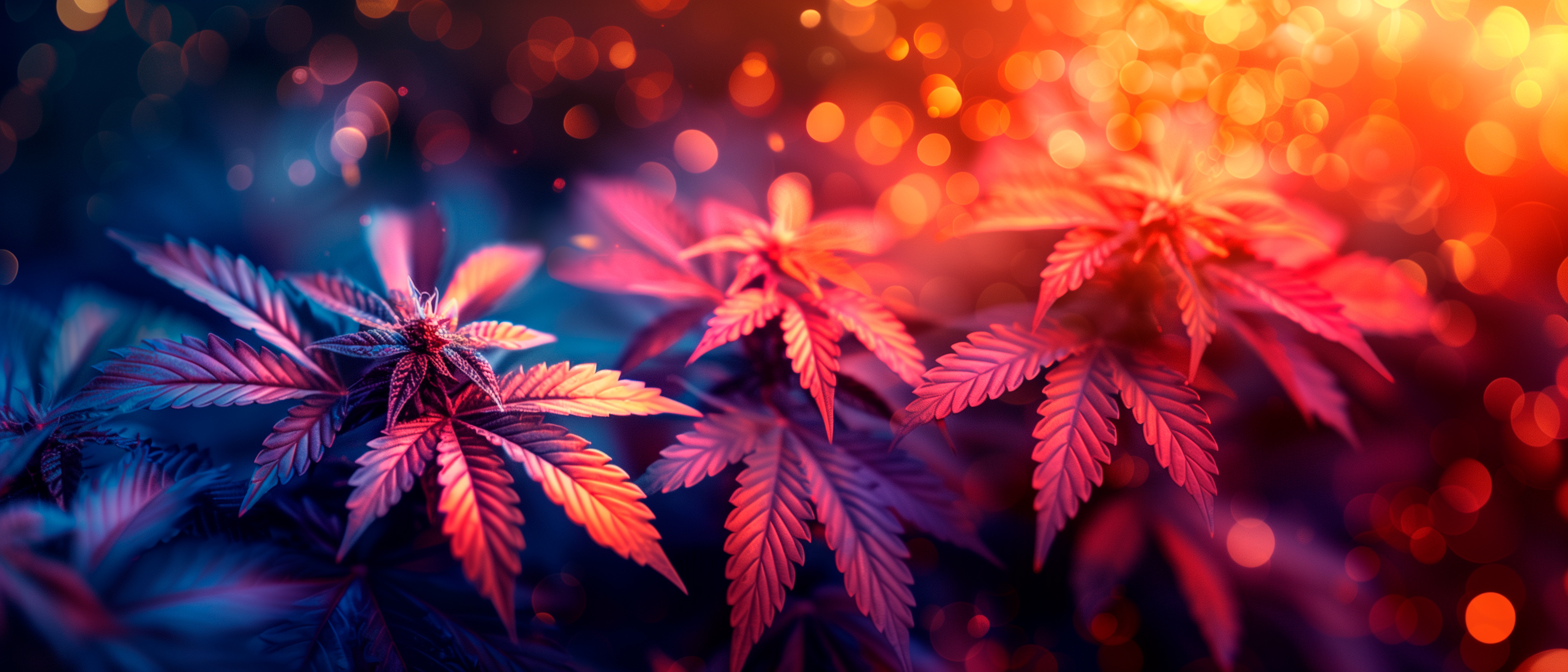 Marijuana fresca sotto luci colorate con effetto bokeh a Cala Ferrera