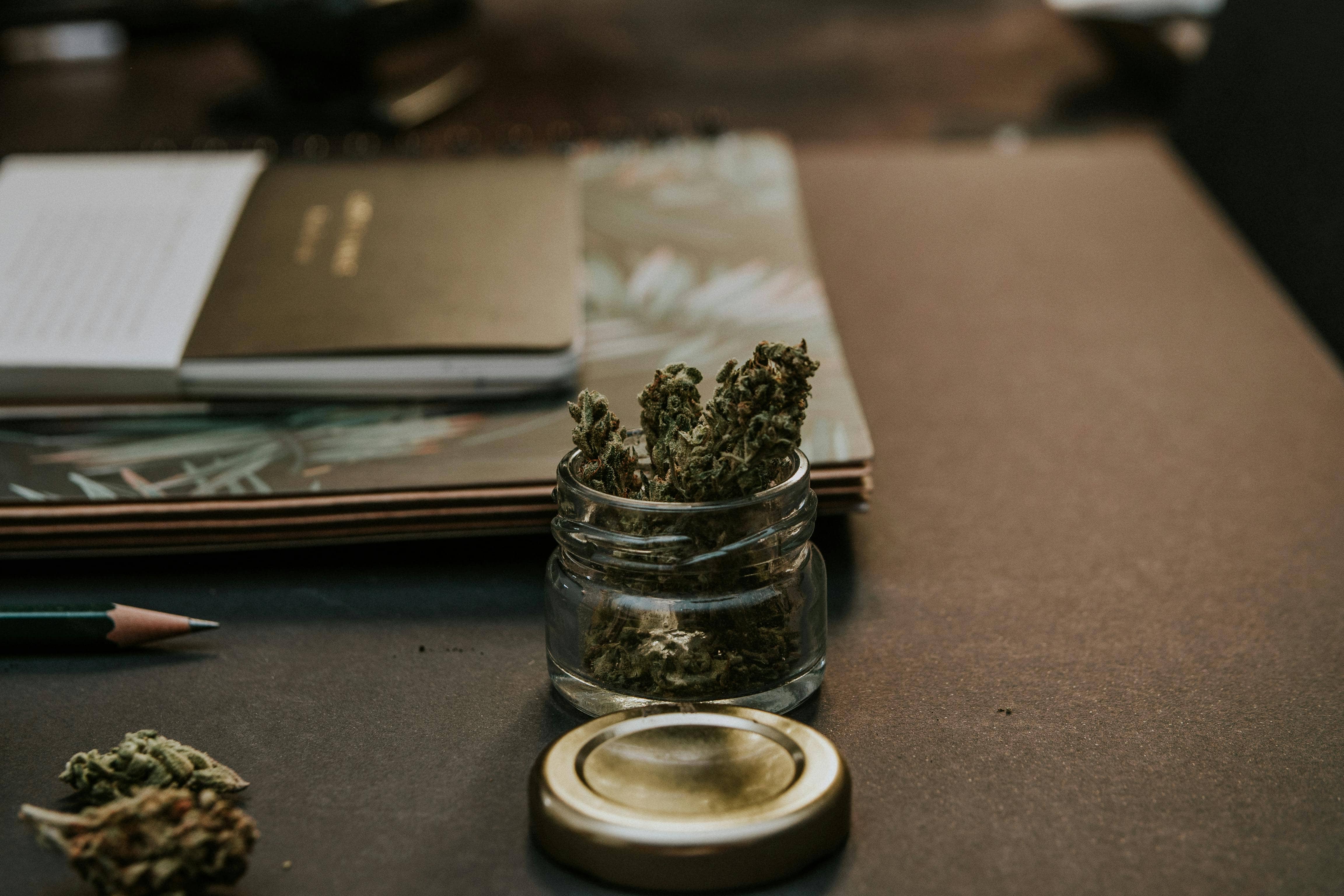 Fresh green cannabis in a jar on a modern desk