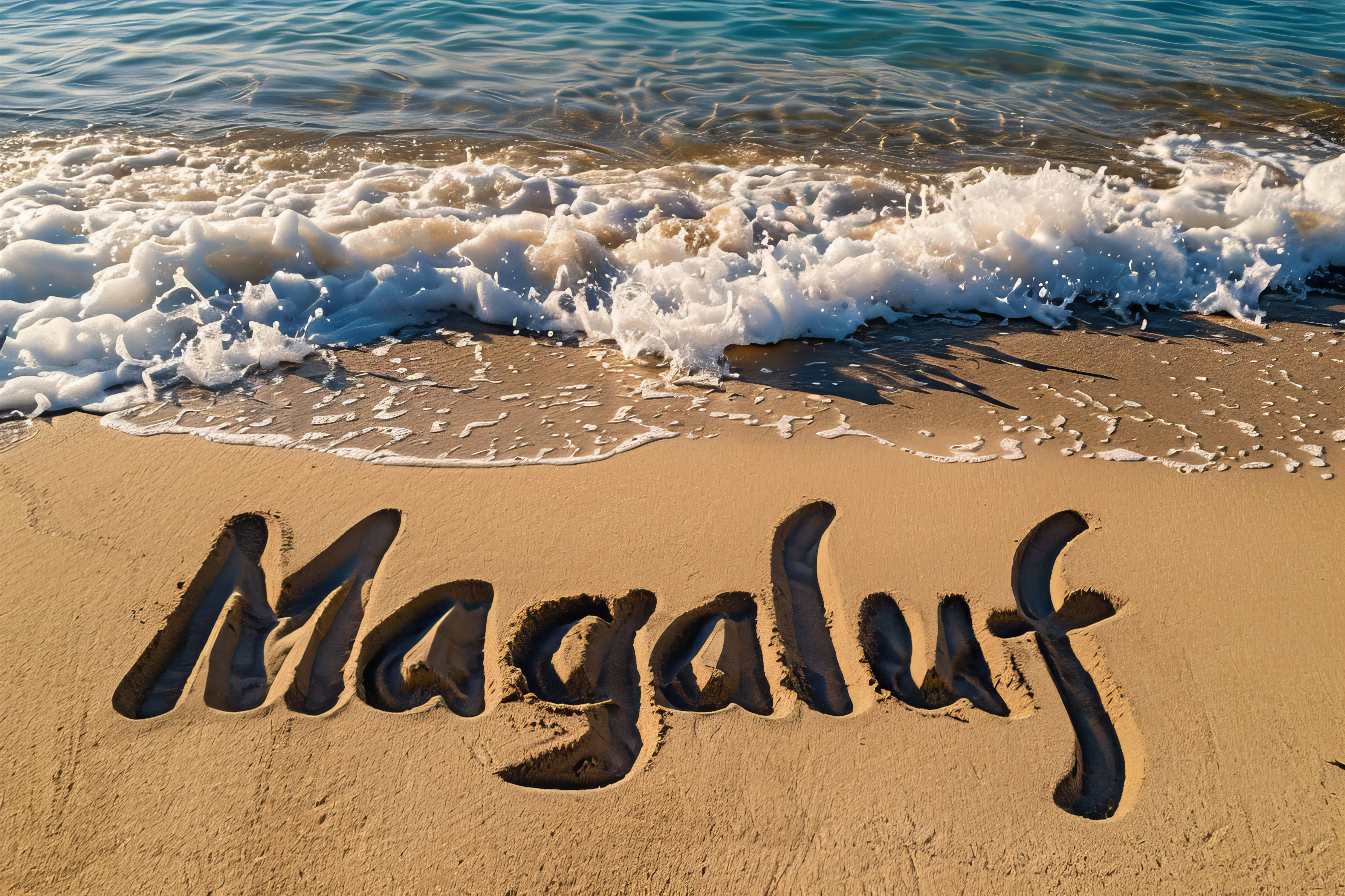 Magaluf-Schriftzug im Sand am Strand mit Meerwasser