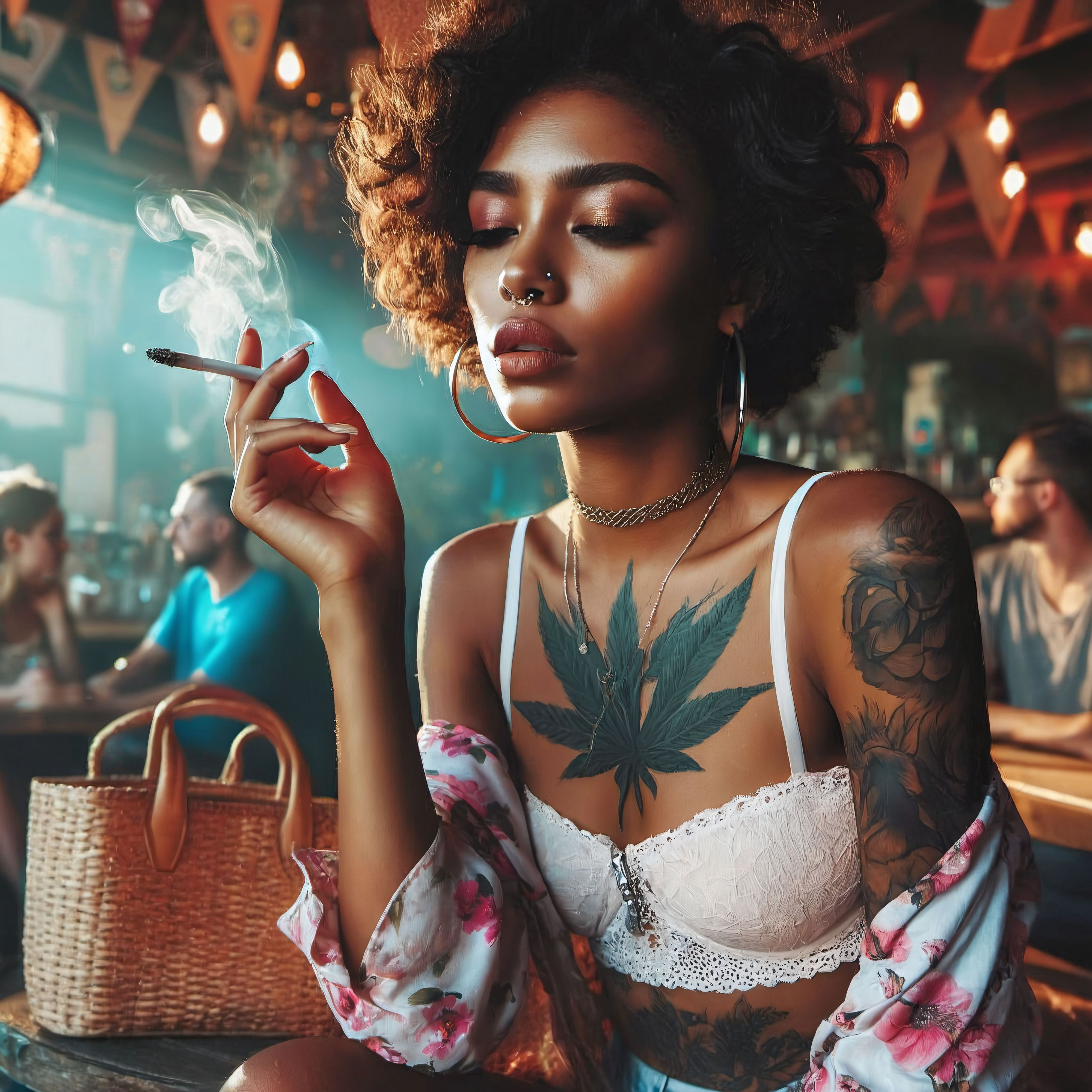 Femme sexy noire et tatouée avec un joint à la main dans un club CSC