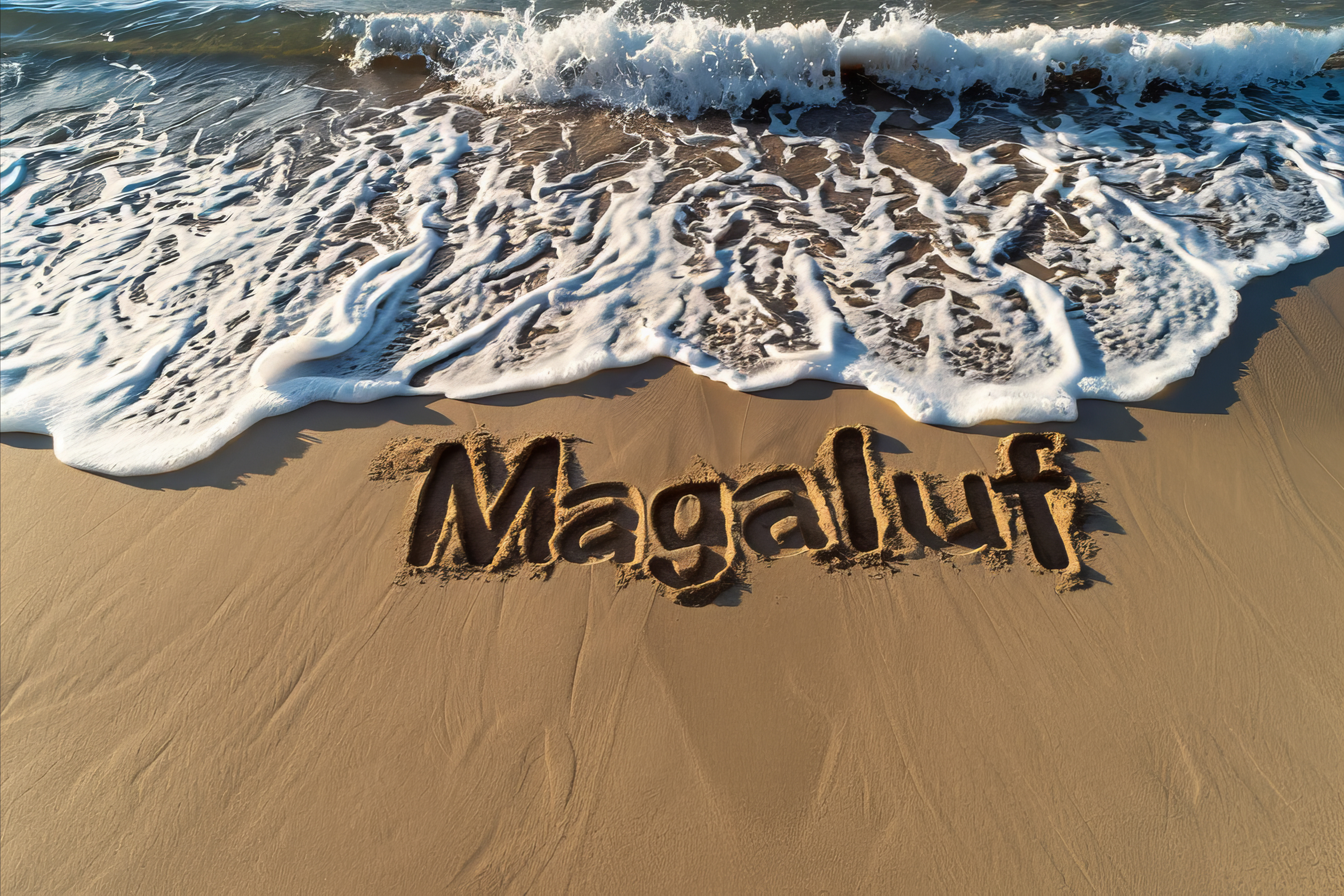 Magaluf in den Sand vor dem türkisen Meer geschrieben